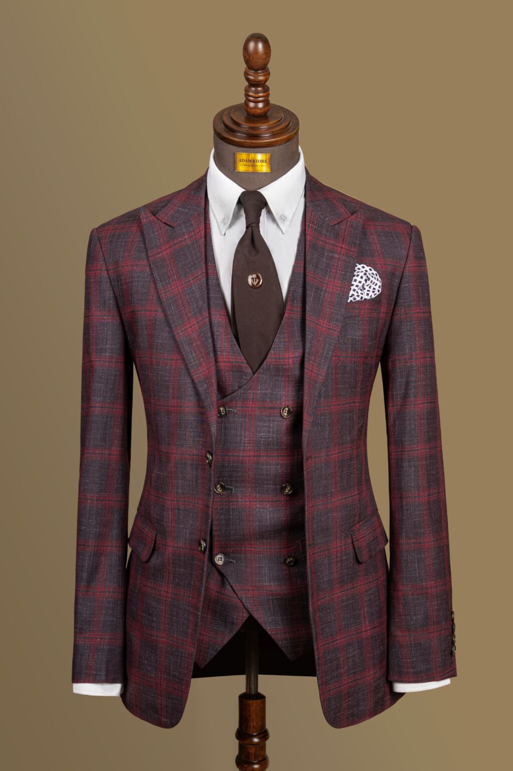 Áo Vest Ghi Kẻ Đỏ cổ ve nhọn 1 hàng khuy Adam Store - Av265