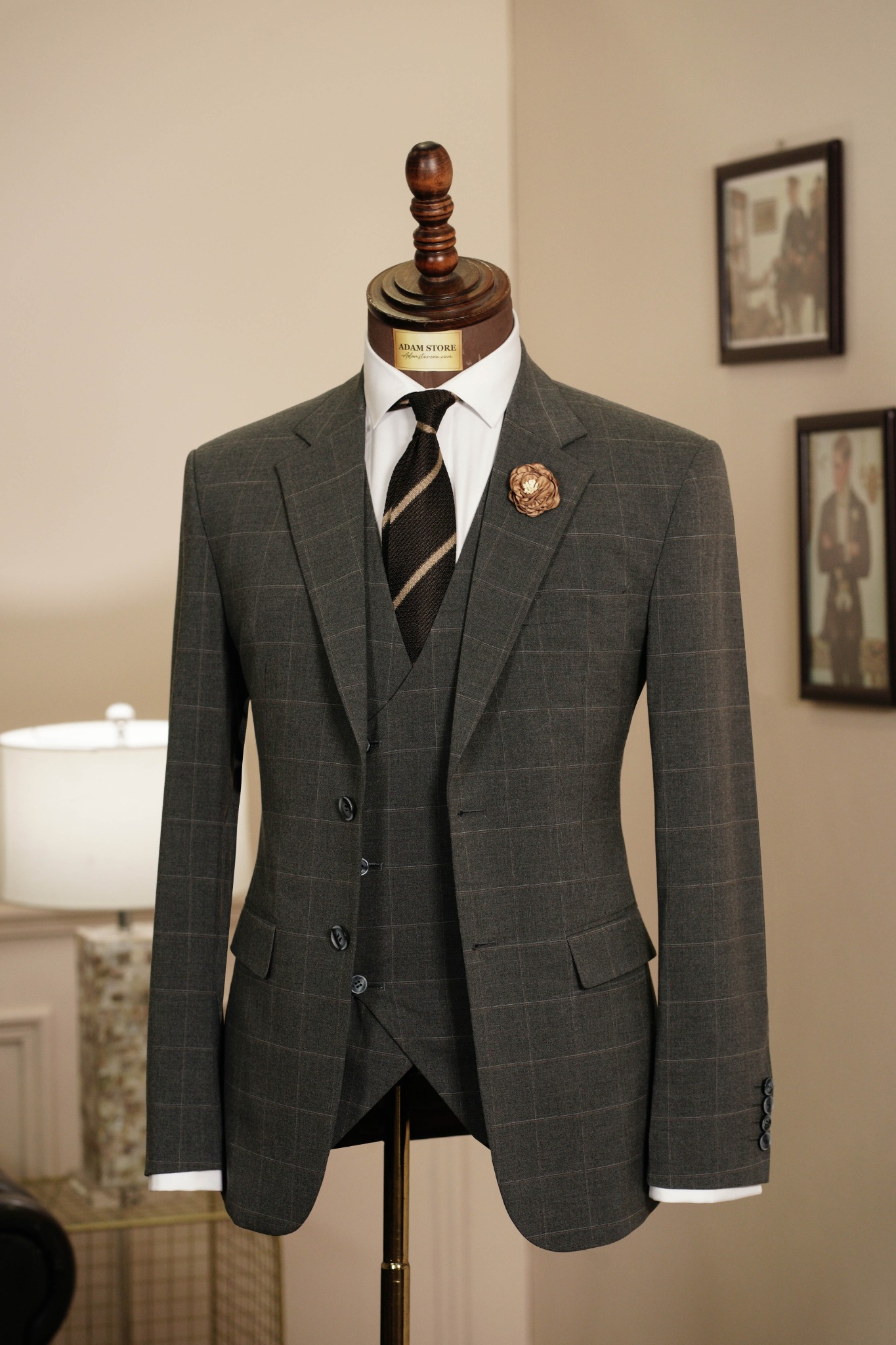 Áo Vest Ghi Kẻ Ô Trắng cổ ve khuyết 1 hàng khuy Adam Store - Avlh70