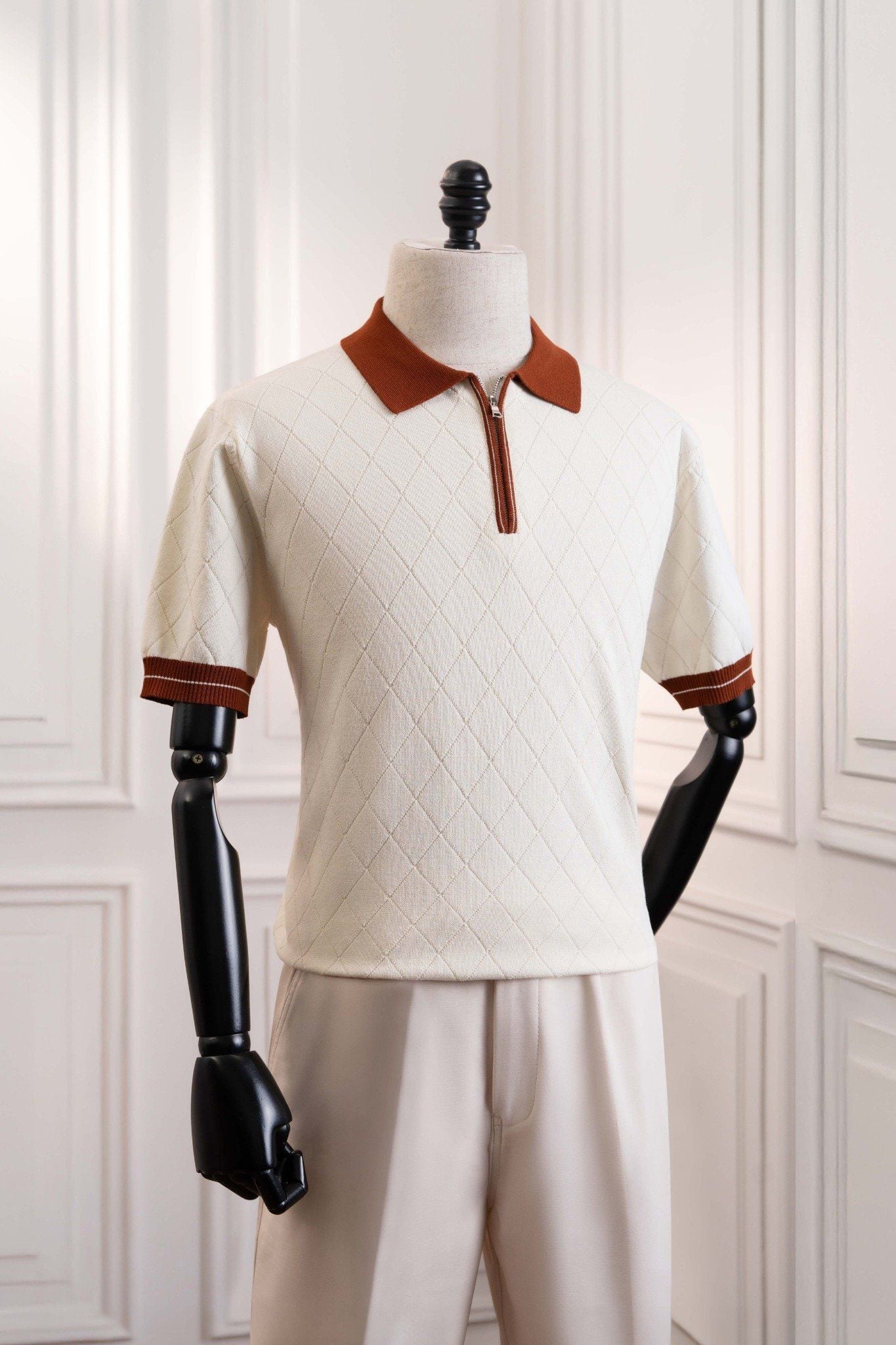 Áo mongtoghi ngắn tay be kẻ thoi chìm ADAM STORE – AP254