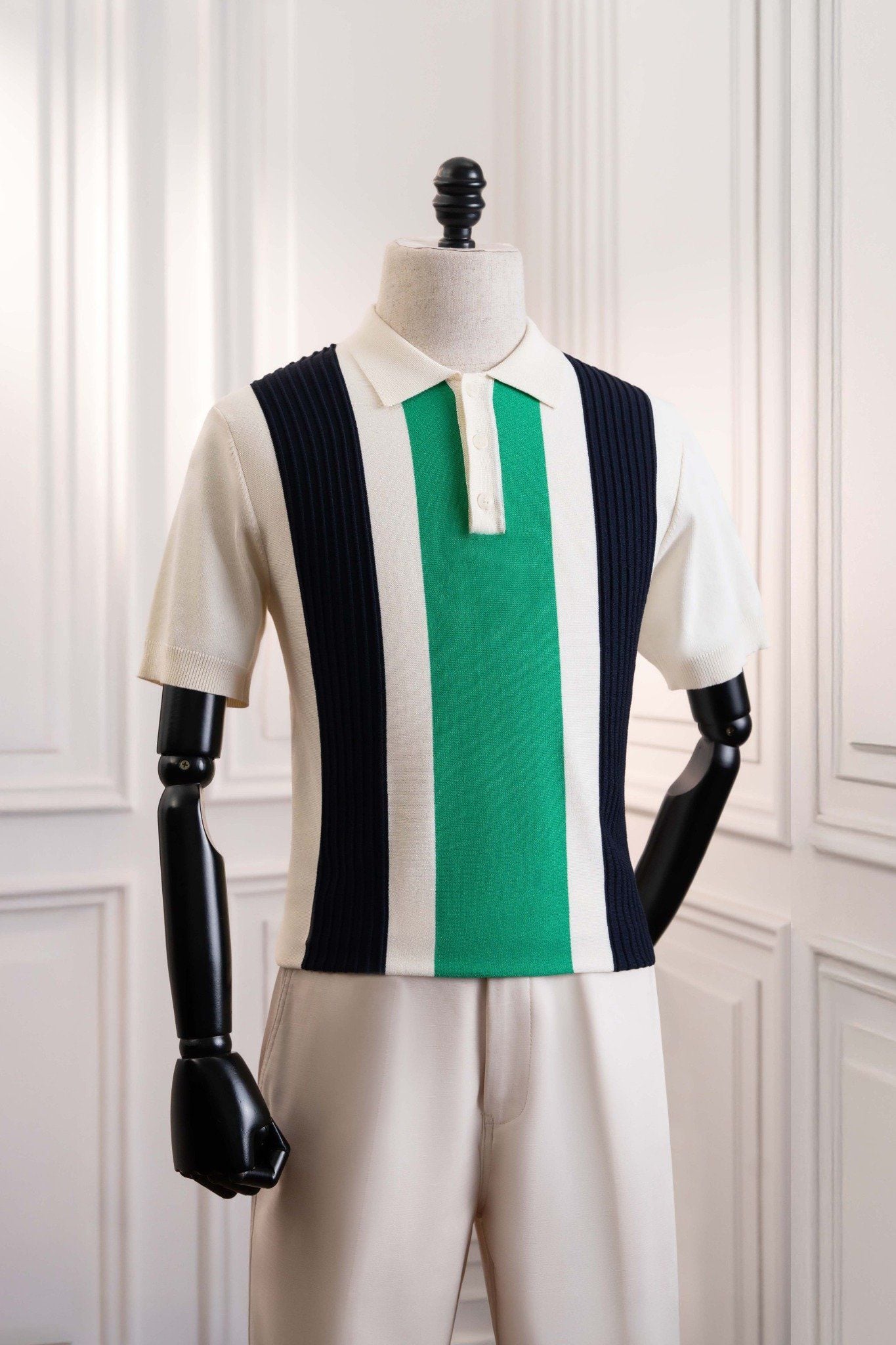 Áo mongtoghi ngắn tay trắng sọc đen & rêu ADAM STORE – AP234