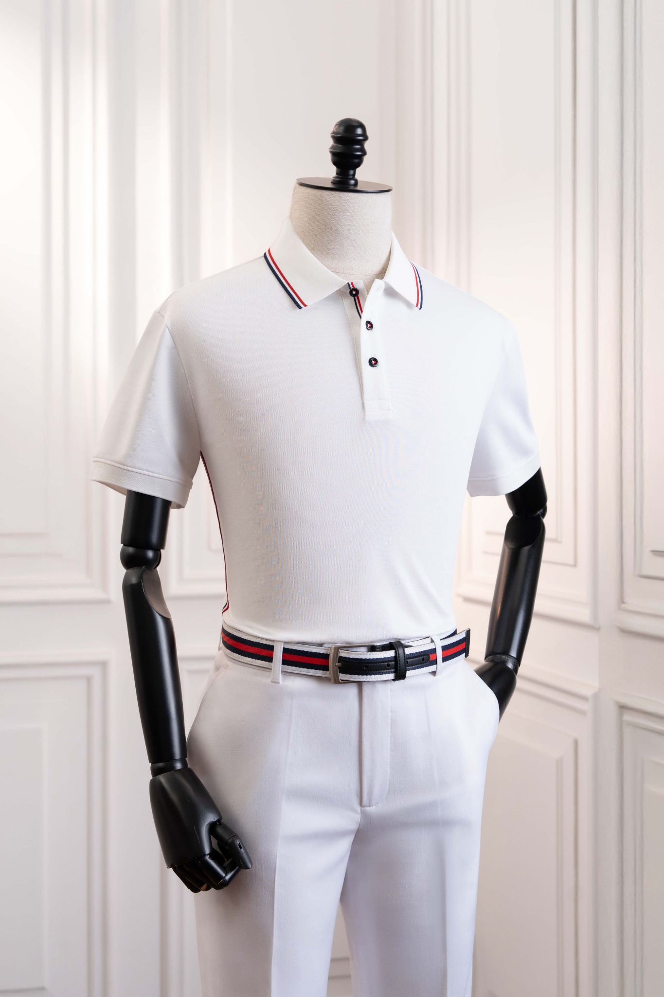 Áo polo ngắn tay trắng viền đỏ đen Adam Store – AP252