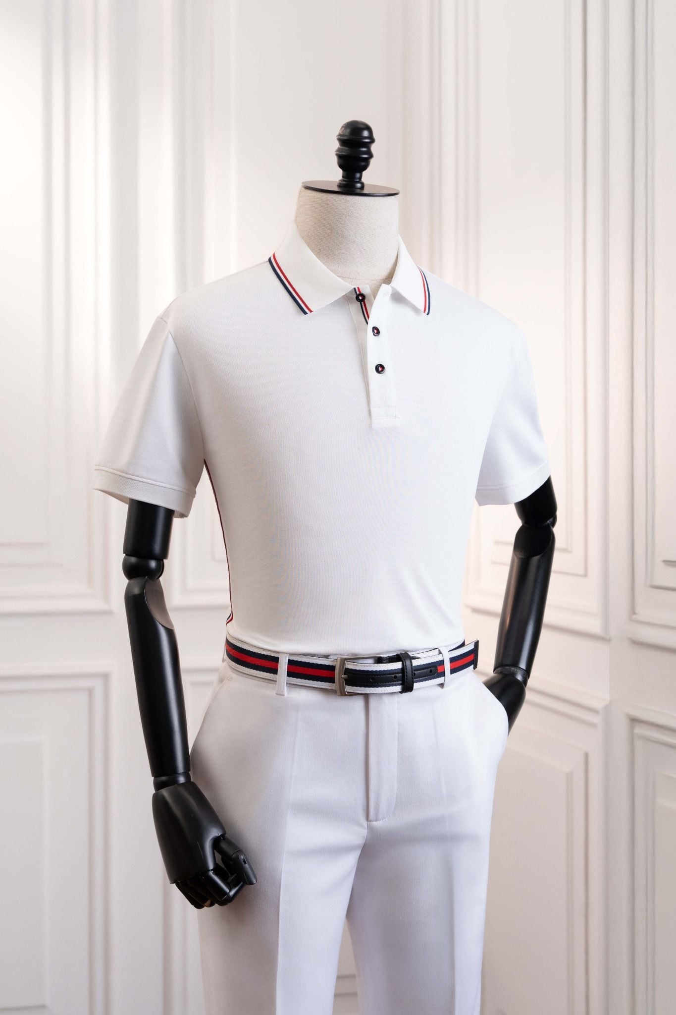 Áo polo ngắn tay trắng viền đỏ đen Adam Store – AP252